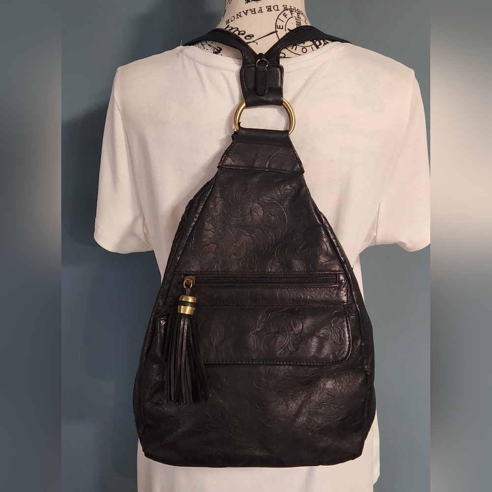 Leather Black Embossed Backpack Bag - Picture 13 of 16